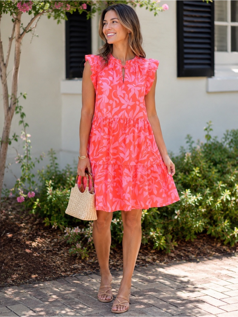 Time and Tru Coral Pink Floral Ruffled Tier Dress